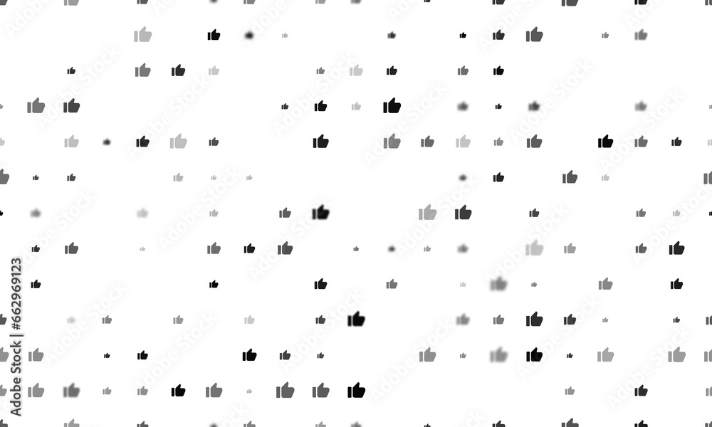 Poster seamless background pattern of evenly spaced black thumb up symbols of different sizes and opacity. 