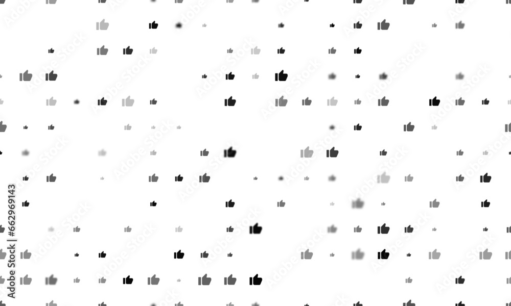 Poster seamless background pattern of evenly spaced black thumb up symbols of different sizes and opacity. 
