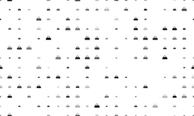 Seamless background pattern of evenly spaced black sports bag symbols of different sizes and opacity. Vector illustration on white background