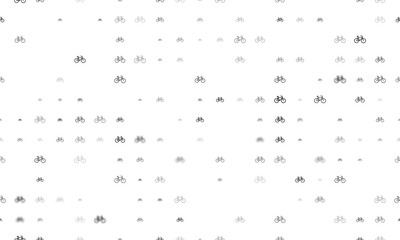 Seamless background pattern of evenly spaced black bicycle symbols of different sizes and opacity. Illustration on transparent background