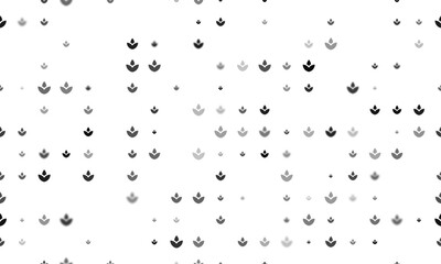 Seamless background pattern of evenly spaced black water lily symbols of different sizes and opacity. Vector illustration on white background