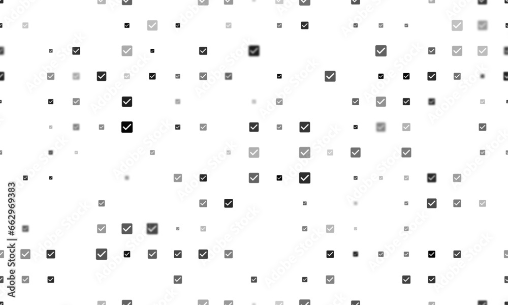 Poster seamless background pattern of evenly spaced black checkbox symbols of different sizes and opacity. 