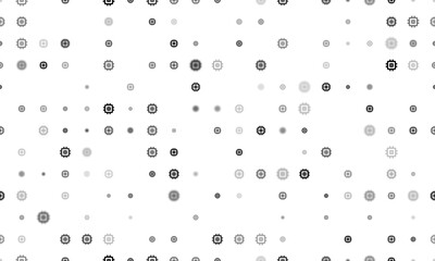 Seamless background pattern of evenly spaced black chip symbols of different sizes and opacity. Vector illustration on white background