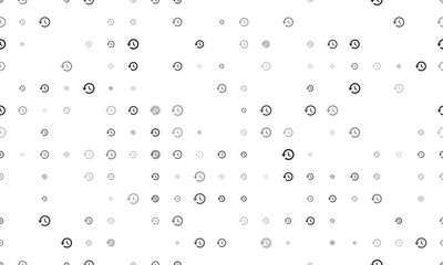 Seamless background pattern of evenly spaced black time back symbols of different sizes and opacity. Vector illustration on white background