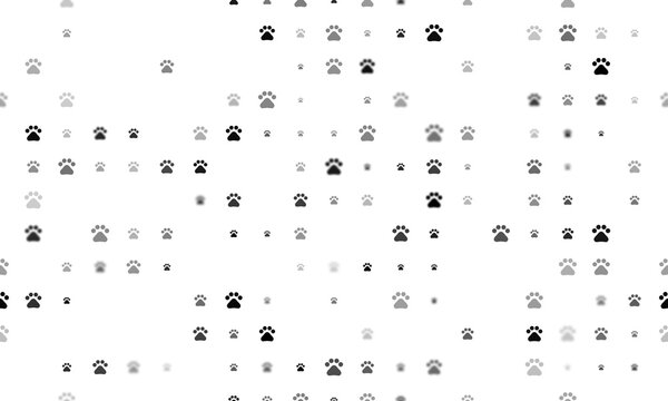 Seamless background pattern of evenly spaced black pet symbols of different sizes and opacity. Illustration on transparent background