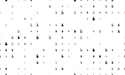Seamless background pattern of evenly spaced black pear symbols of different sizes and opacity. Vector illustration on white background