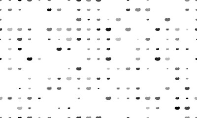 Seamless background pattern of evenly spaced black potatoes symbols of different sizes and opacity. Illustration on transparent background