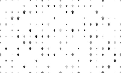 Seamless background pattern of evenly spaced black basketball symbols of different sizes and opacity. Vector illustration on white background