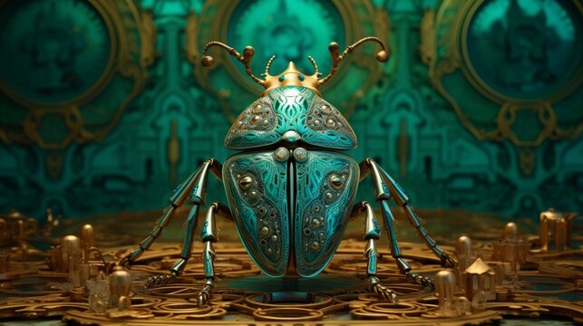 A surreal image of Chrysina aurigans in a dreamlike setting, the HD camera accentuating the metallic sheen and intricate details of this extraordinary beetle.