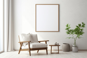 Minimalistic room interior with picture, poster, photo frame mockup on wall in light, neutral colors.  Generative AI