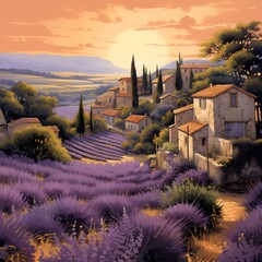 Village de Provence sous un coucher de soleil - obrazy, fototapety, plakaty