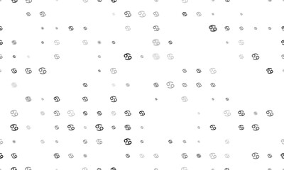 Seamless background pattern of evenly spaced black cancer zodiac symbols of different sizes and opacity. Vector illustration on white background