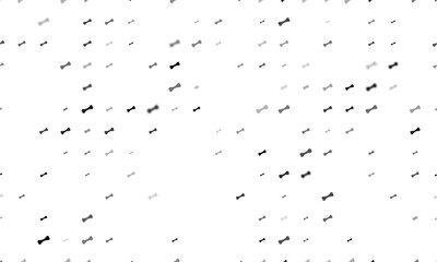 Seamless background pattern of evenly spaced black dog bone symbols of different sizes and opacity. Vector illustration on white background
