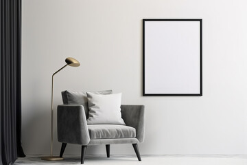 Minimalistic room interior with picture, poster, photo frame mockup on wall in light, neutral colors.  Generative AI