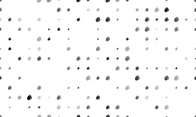 Seamless background pattern of evenly spaced black water drop symbols of different sizes and opacity. Illustration on transparent background