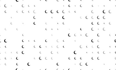 Seamless background pattern of evenly spaced black moon symbols of different sizes and opacity. Vector illustration on white background