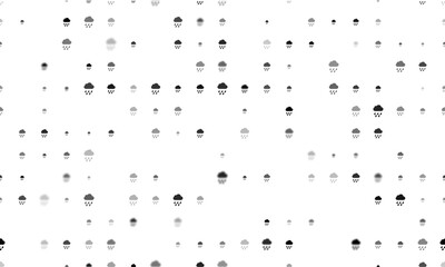 Seamless background pattern of evenly spaced black rain symbols of different sizes and opacity. Vector illustration on white background