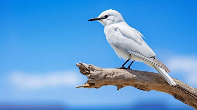 A White Tern perched on a branch, the HD camera capturing the bird's delicate features and pristine white plumage against a background of blue sky.