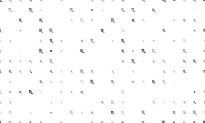 Seamless background pattern of evenly spaced black zodiac scorpio symbols of different sizes and opacity. Vector illustration on white background