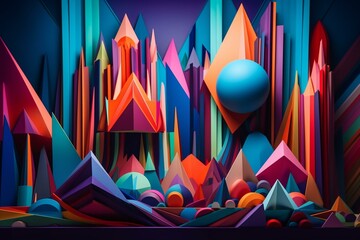 Explosive 3D abstraction: geometric shapes, color gradients, and contrasts merge into a creative and surreal artwork full of patterns and vibrant colors. Generative AI