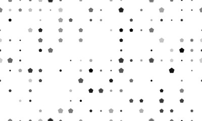 Seamless background pattern of evenly spaced black pentagon symbols of different sizes and opacity. Vector illustration on white background