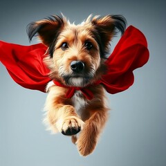 Portrait of superhero dog wearing red cape, jumping like a super hero, isolated on studio background created with generative ai