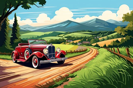 Vintage Red Car Clipart: Illustration of a Classic Automobile Cruising on a Winding Countryside Road, generative AI
