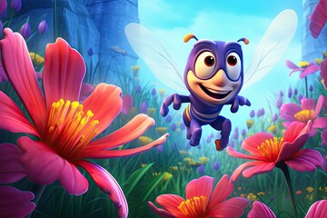 Fototapeta na wymiar Cartoon Bee: Buzzing Among Vibrant Flower Garden, Flapping Tiny Wings to Collect Nectar from Colorful Blossoms, generative AI