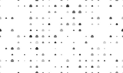 Seamless background pattern of evenly spaced black castle symbols of different sizes and opacity. Illustration on transparent background