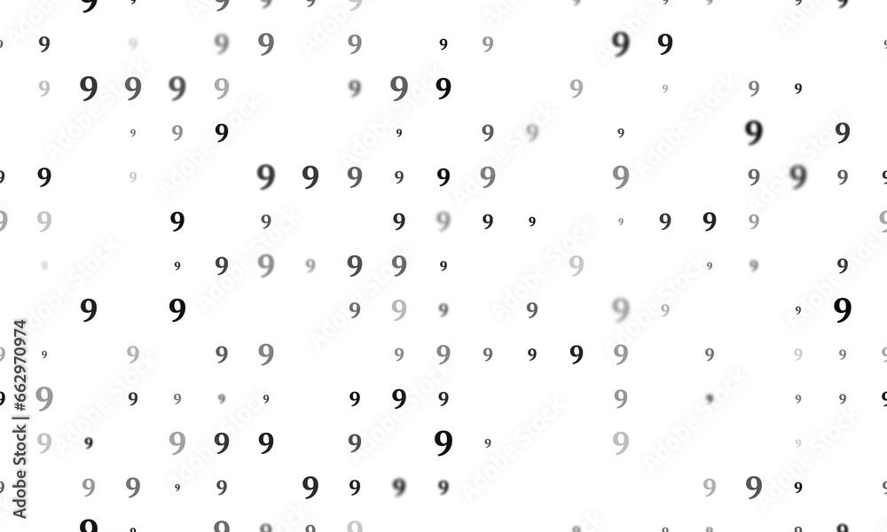Poster seamless background pattern of evenly spaced black number nine symbols of different sizes and opacit