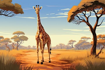 Cartoon Giraffe Walking Gracefully in African Savannah, Reaching Tall Acacia Trees with its Extended Long Neck, generative AI