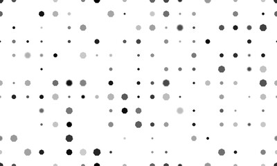 Seamless background pattern of evenly spaced black heptagon symbols of different sizes and opacity. Illustration on transparent background