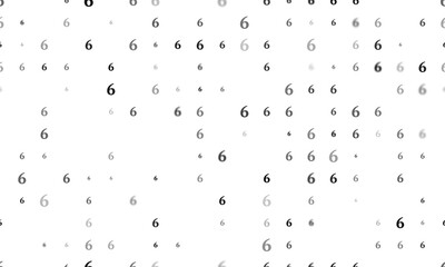 Seamless background pattern of evenly spaced black number six symbols of different sizes and opacity. Illustration on transparent background