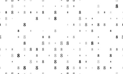 Seamless background pattern of evenly spaced black number eight symbols of different sizes and opacity. Illustration on transparent background