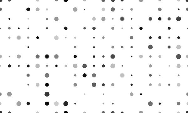 Seamless background pattern of evenly spaced black heptagon symbols of different sizes and opacity. Illustration on transparent background