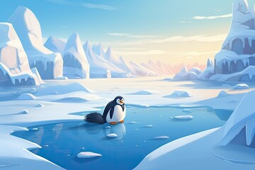 Cartoon Penguin Sliding: Playful Antarctic Fun on Smooth Ice, generative AI