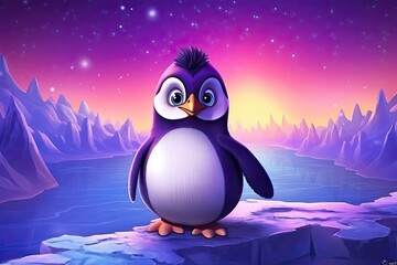 Naklejka premium Cartoon Penguin Waddling: Brilliant Aurora Borealis & Antarctic Landscapes, generative AI