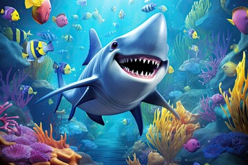 Cartoon Shark: Playful and Friendly, Swimming Through a Vibrant Underwater World with Coral and Sea Creatures, generative AI