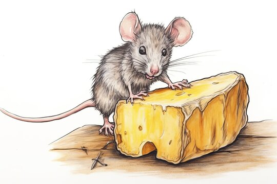 Curious Cartoon Rat Nibbling on Cheese: Whiskers Twitching with Clever Playfulness, generative AI