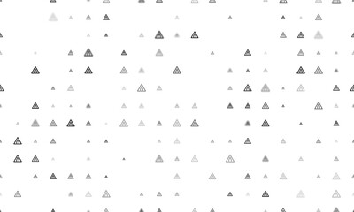 Seamless background pattern of evenly spaced black road narrowing signs of different sizes and opacity. Illustration on transparent background