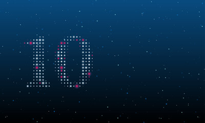 On the left is the number ten symbol filled with white dots. Background pattern from dots and circles of different shades. Vector illustration on blue background with stars