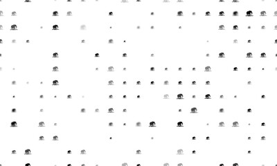 Seamless background pattern of evenly spaced black wild elephant symbols of different sizes and opacity. Illustration on transparent background
