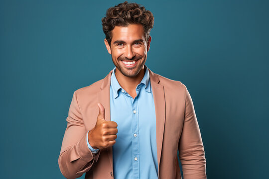 portrait of a expression of a  happy laughing man with brown hair and beard against colorful background who holds his thumbs up 
