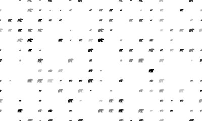 Seamless background pattern of evenly spaced black bear icons of different sizes and opacity. Illustration on transparent background