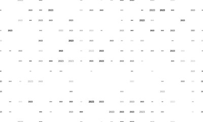 Seamless background pattern of evenly spaced black 2023 year symbols of different sizes and opacity. Illustration on transparent background