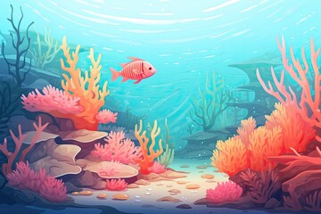 Fototapeta na wymiar Coral Reimagined: Vibrant and Simple Oceanography Book Cover Illustration, generative AI