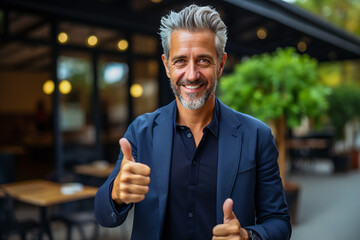 portrait of a expression of a happy laughing senior man with grey hair outdoor who holds his thumb up  - obrazy, fototapety, plakaty