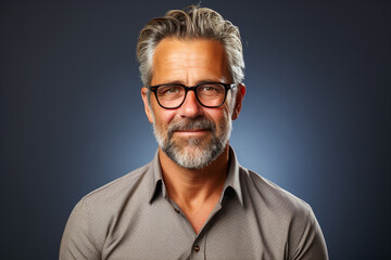 Obraz premium portrait of a expression of a happy laughing senior man with grey hair against grey background who holds his thumb up 