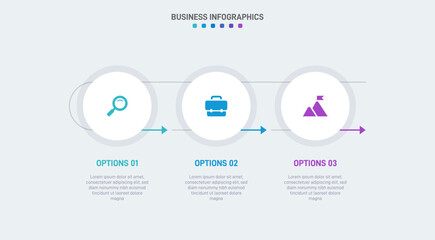 Timeline infographic with infochart. Modern presentation template with 3 spets for business process. Website template on white background for concept modern design. Horizontal layout.