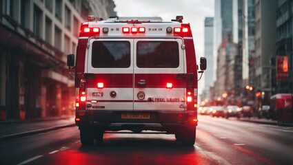 a medical emergency ambulance car driving with red lights on through the city on a road in the day time